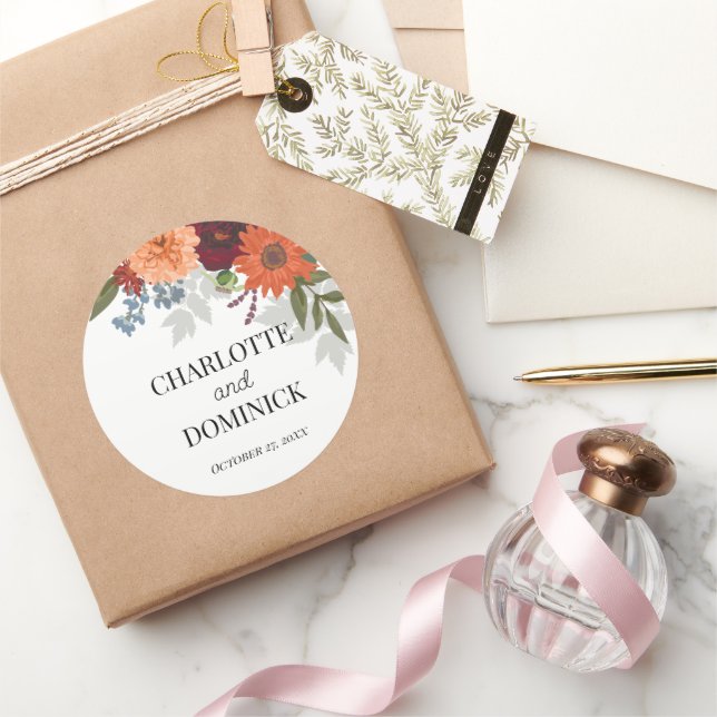 Pegatina Redonda Burgundy Fall Garden Boda Floral (Regalar)