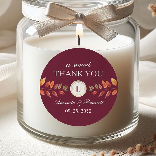 Pegatina Redonda Burgundy Fall Wedding Thank You (Subido por el creador)