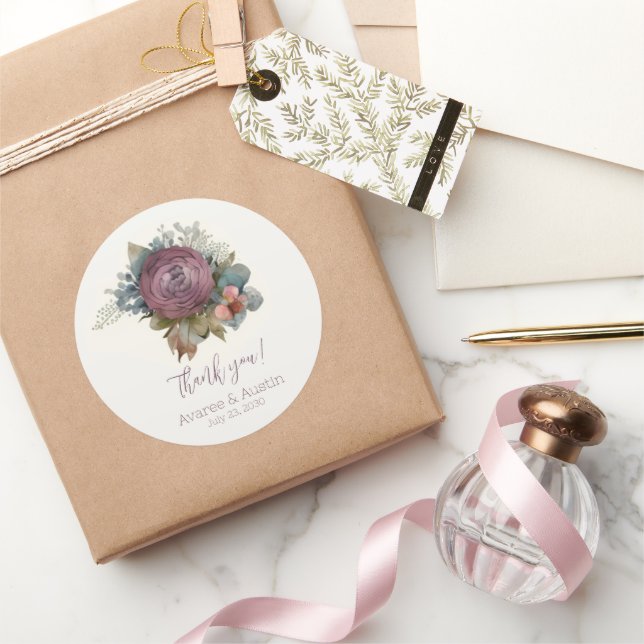 Pegatina Redonda Burgundy Floral Boda Gracias (Regalar)