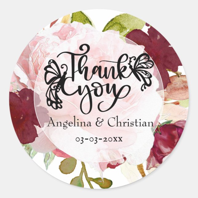 Pegatina Redonda Burgundy Floral Bouquet Gracias Boda (Anverso)