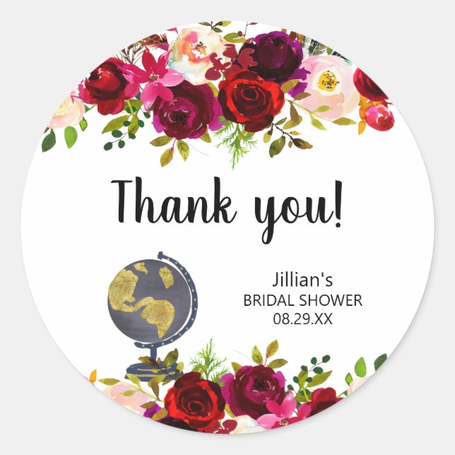 Pegatina Redonda Burgundy Floral Travel ducha de novias gracias (Anverso)