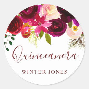Pegatina Redonda Burgundy Floral Watercolor Quinceanera Favor del P