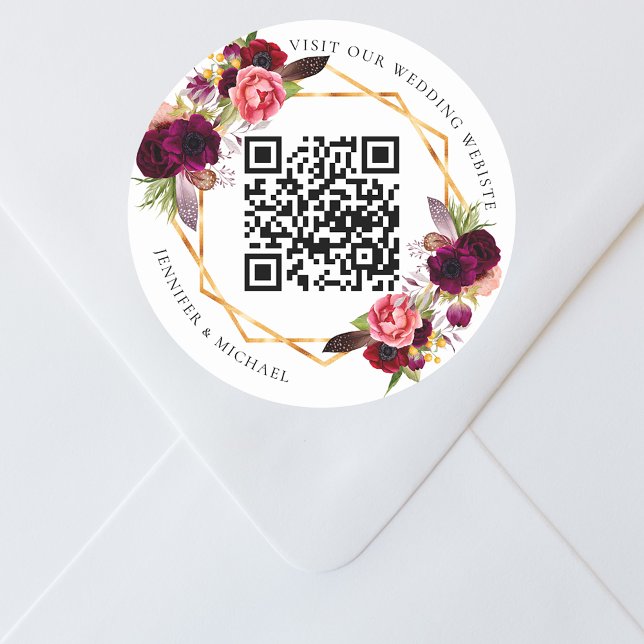 Pegatina Redonda Burgundy florals boda de código geométrico de oro  (Subido por el creador)