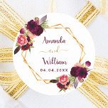 Pegatina Redonda Burgundy florines geométrico boda boho<br><div class="desc">Marco geométrico falso de color dorado con rosas bohemias,  boho acuático,  flores de burdeos y rosa. Personalice y agregue sus nombres,  fecha del boda.</div>