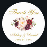 Pegatina Redonda Burgundy Gold Floral Boda Gracias<br><div class="desc">Borgoña Marsala Gold Floral Watercolor Boda Gracias Pegatinas</div>