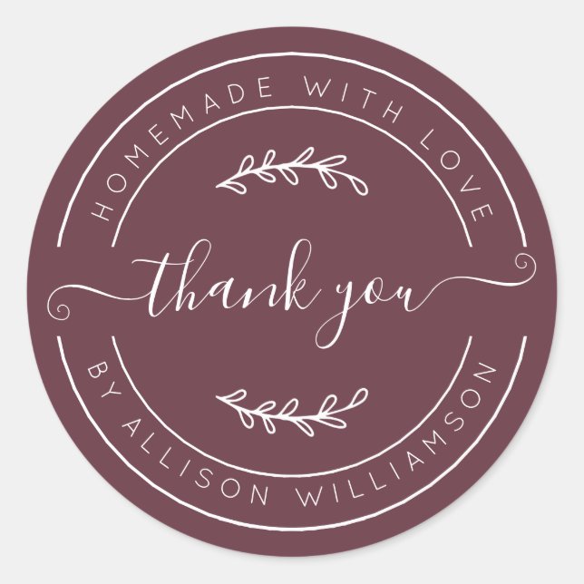 Pegatina Redonda Burgundy Homemade Thank You Label (Anverso)