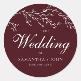 Pegatina Redonda Burgundy & Ivory Botanical Elegant Wedding