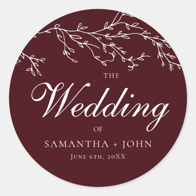 Pegatina Redonda Burgundy & Ivory Botanical Elegant Wedding (Anverso)