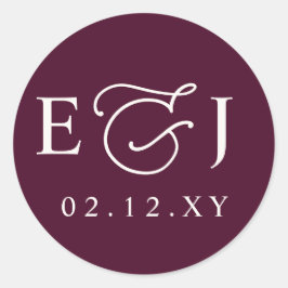 Pegatina Redonda Burgundy Modern Initials Monogram Wedding