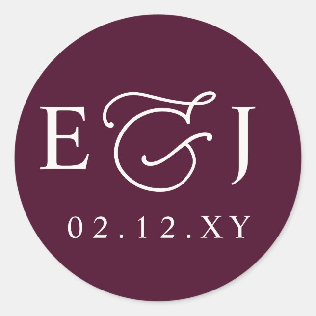 Pegatina Redonda Burgundy Modern Initials Monogram Wedding (Anverso)