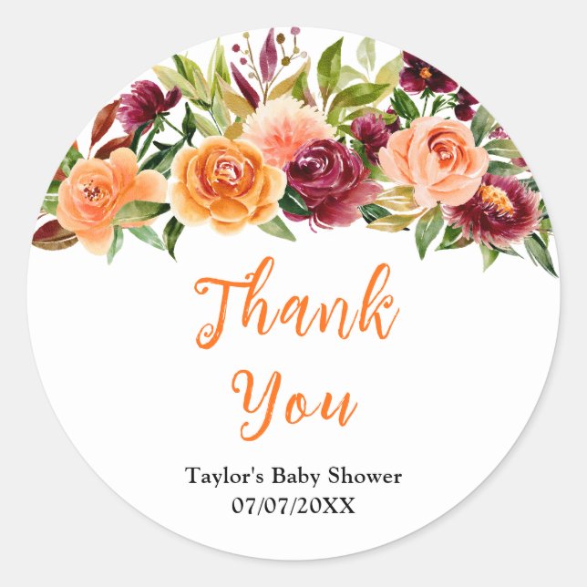 Pegatina Redonda Burgundy Orange Floral Baby Shower Thank You (Anverso)