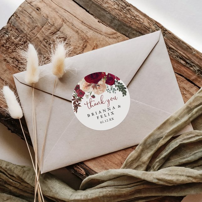 Pegatina Redonda Burgundy Pink Floral Gracias Favor De Boda (Subido por el creador)