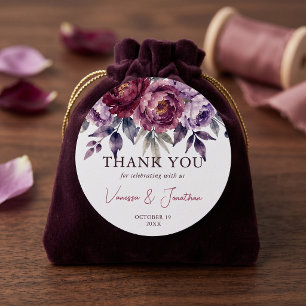 Pegatina Redonda Burgundy Plum Watercolor Floral Boda Agradecimient