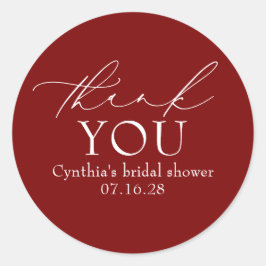 Pegatina Redonda Burgundy Red Elegant Script Modern Thank You 