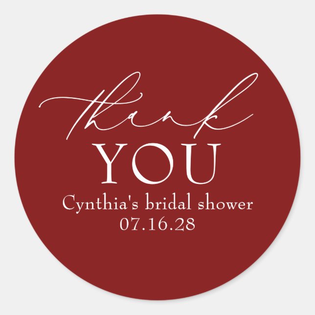 Pegatina Redonda Burgundy Red Elegant Script Modern Thank You  (Anverso)