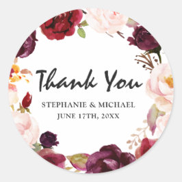 Pegatina Redonda Burgundy Red Floral Rustic Boho Gracias