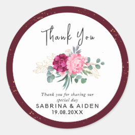 Pegatina Redonda Burgundy Rojo Romántico | Rosa Claro Floral Dorado