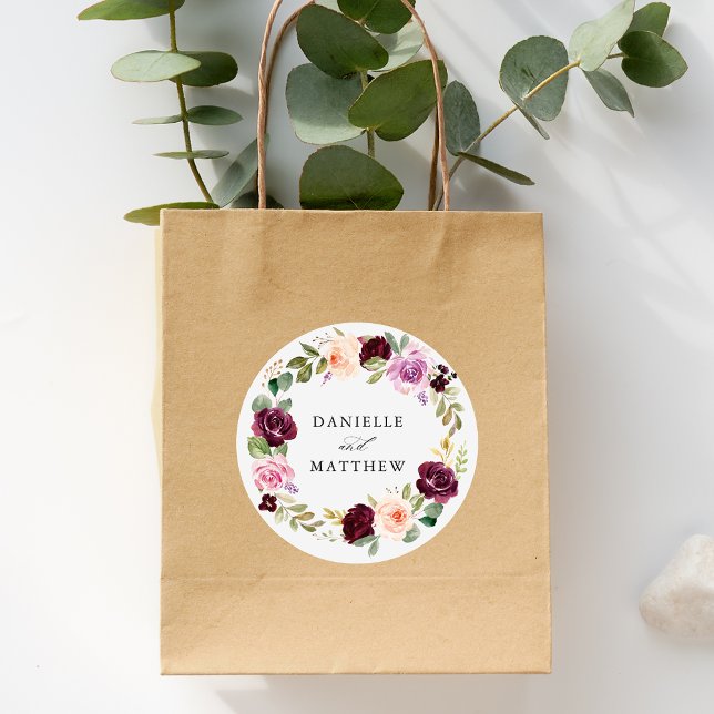 Pegatina Redonda Burgundy rosa ruso y Boda floral morado (Subido por el creador)