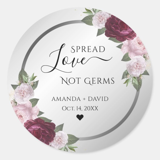 Pegatina Redonda Burgundy Rubor Silver Floral Spread Love (Anverso)