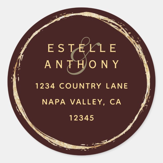 Pegatina Redonda Burgundy Rustic Gold Ampersand Return Address (Anverso)