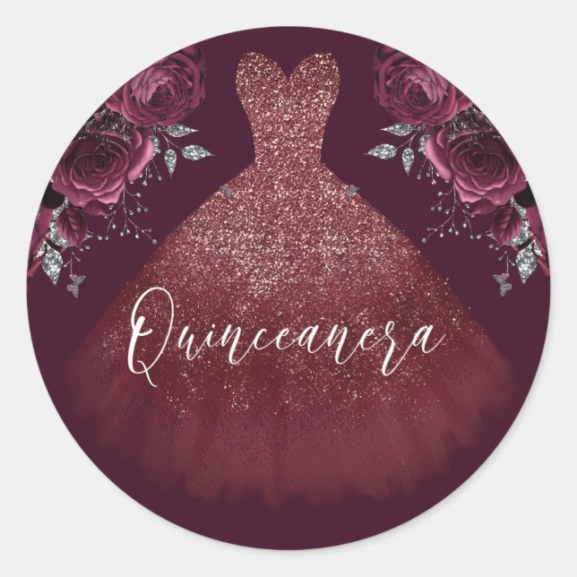 Pegatina Redonda Burgundy Sparkle Vress & Floral Quinceanera Fiesta (Anverso)