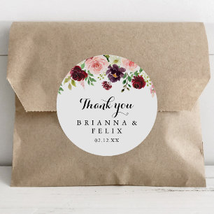 Pegatina Redonda Burgundy Spring Floral Gracias Favor De Boda
