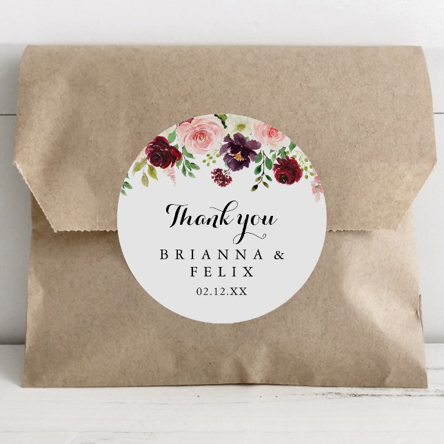 Pegatina Redonda Burgundy Spring Floral Gracias Favor De Boda (Subido por el creador)