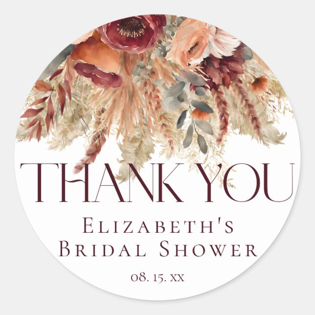 Pegatina Redonda Burgundy Terracotta Flores Dorados Pampas Gracias (Anverso)