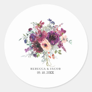 Pegatina Redonda Burgundy Watercolor Wildflowers Boho Boda