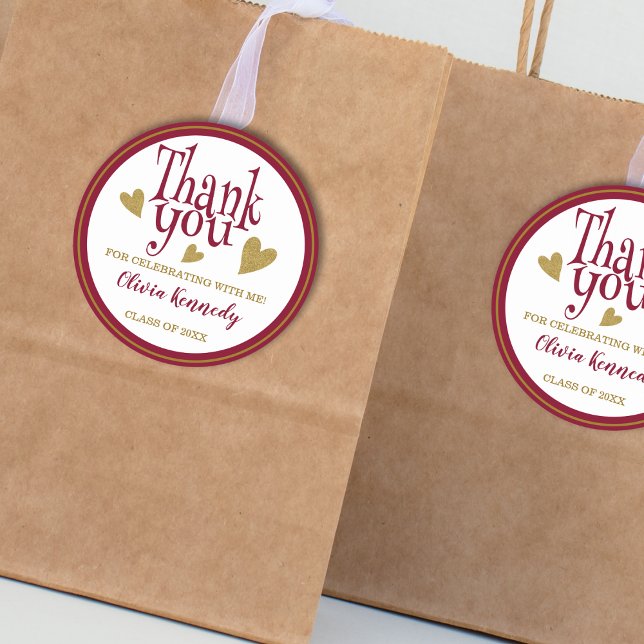 Pegatina Redonda Burgundy Y La Fiesta De Graduación De Oro Gracias (Burgundy And Gold Graduation Party Thank You Classic Round Sticker
)