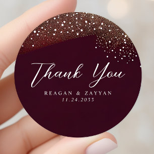Pegatina Redonda Burgundy Y Oro Glitter Agradecimiento De Boda