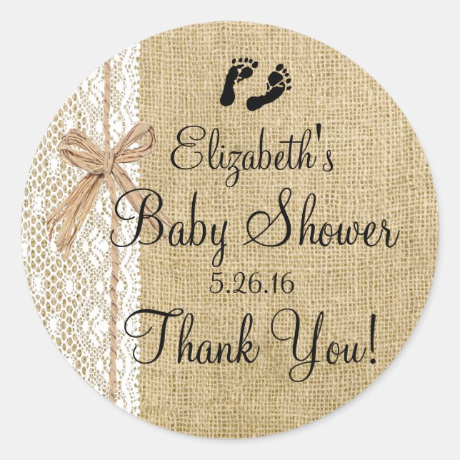 Pegatina Redonda Burlap and Lace Image Baby Shower-Favor (Anverso)