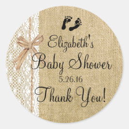 Pegatina Redonda Burlap and Lace Image Baby Shower-Favor