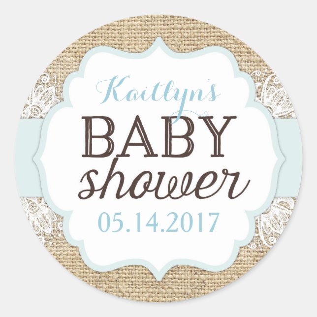 Pegatina Redonda Burlap Lace Blue Boy Baby Shower (Anverso)