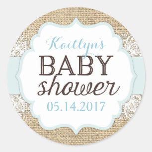 Pegatina Redonda Burlap Lace Blue Boy Baby Shower
