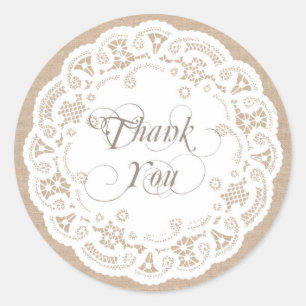 Pegatina Redonda Burlap Lace Doily Gracias Pegatinas