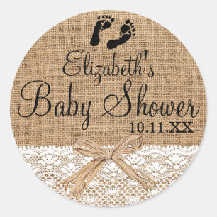 Pegatina Redonda Burlap Lace Footprints Baby Shower Guest Favor
