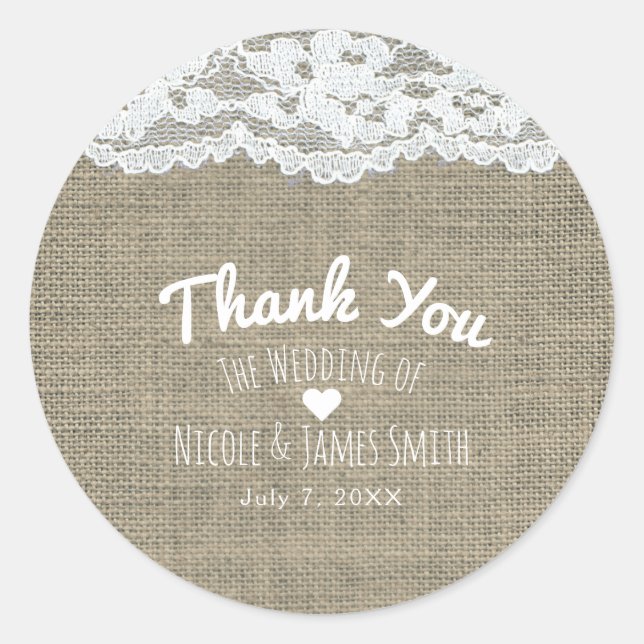 Pegatina Redonda Burlap & Lace Simple Rustic Elegant Wedding Favor (Anverso)