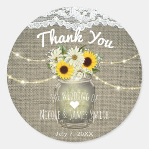 Pegatina Redonda Burlap Lace Sunflowers & Daisies Mason Jar Rustic