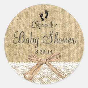 Pegatina Redonda Burlap Lace y Footprints Baby Shower - Favor