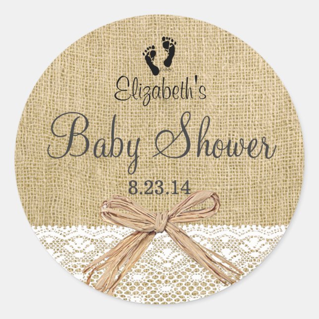 Pegatina Redonda Burlap Lace y Footprints Baby Shower - Favor (Anverso)