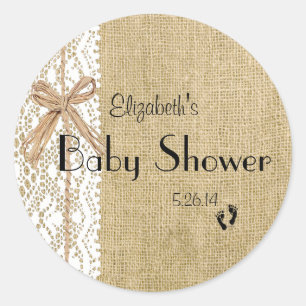 Pegatina Redonda Burlap Lace y Rafia Imagen Baby Shower-Favor
