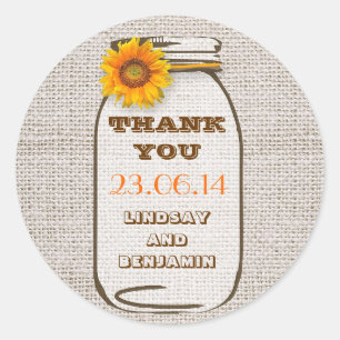 Pegatina Redonda Burlap Mason Jar Boda Sunflower