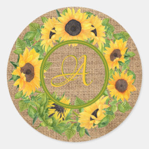 Pegatina Redonda Burlap Monogramado de girasoles rusos