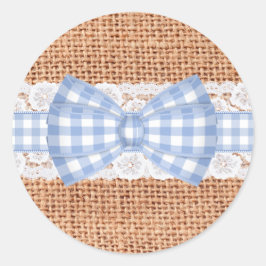 Pegatina Redonda Burlap ruso con Boda de Blue Gingham