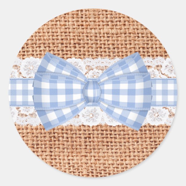 Pegatina Redonda Burlap ruso con Boda de Blue Gingham (Anverso)