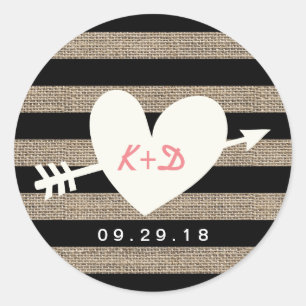 Pegatina Redonda Burlap Stripes Heart & Arrow Rustic Wedding Favor