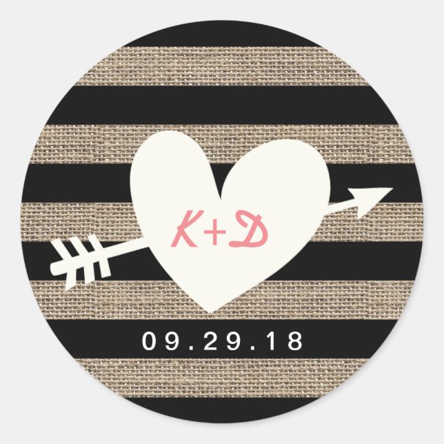 Pegatina Redonda Burlap Stripes Heart & Arrow Rustic Wedding Favor (Anverso)