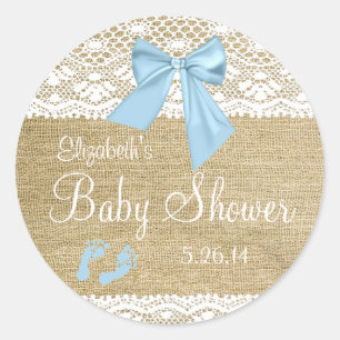 Pegatina Redonda Burlap y Lace con Baby Shower-Favor Blue Bow