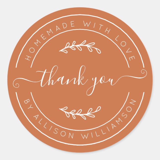 Pegatina Redonda Burnt Orange Homemade Thank You Label (Anverso)
